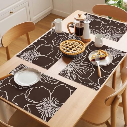 Placemats Set of 8, Brown Flowers Woven Placemat, Linen Place Mats for