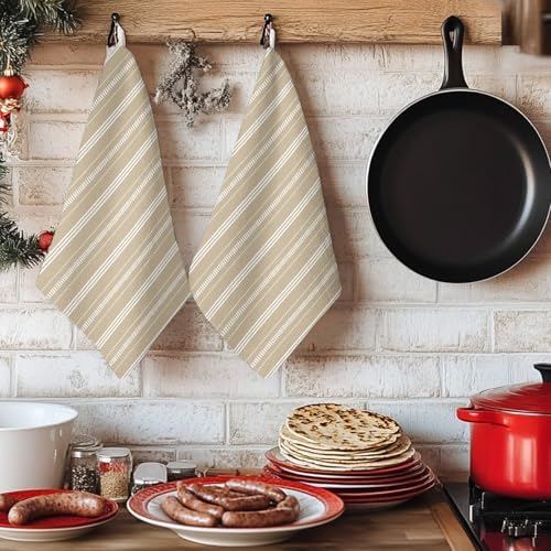 Boho Beige Kitchen Towels Set of 3, Absorbent Microfiber Dish Tea