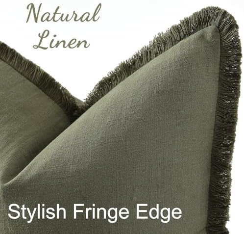 decorUhome Linen Fringe Olive Green Throw Pillow Covers 22x22 Set of 2
