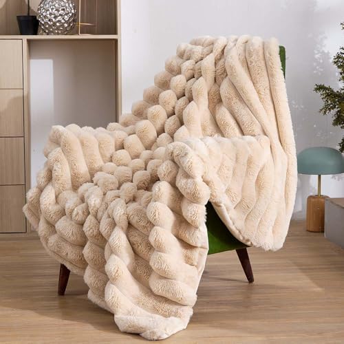 KayWing Faux Fur Throw Blanket: Beige Reversible Ultra Soft Rabbit