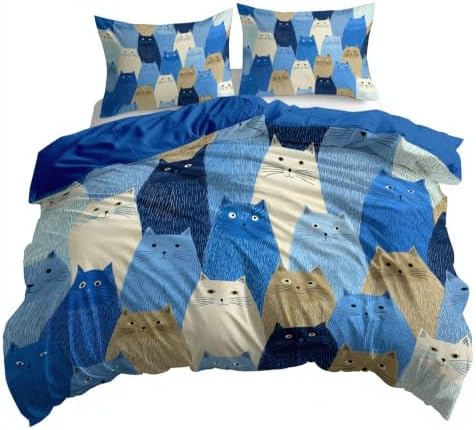King Duvet Cover Set Soft Microfiber Cat Pattern Blue