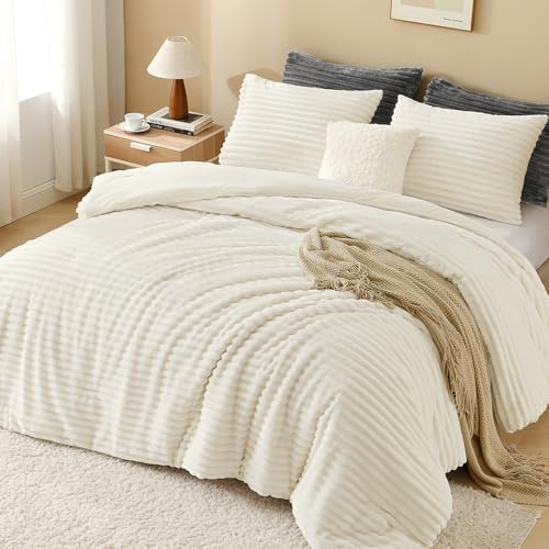 Andency Fluffy King Size Comforter Set, Cream Fleece Faux Fur Bedding