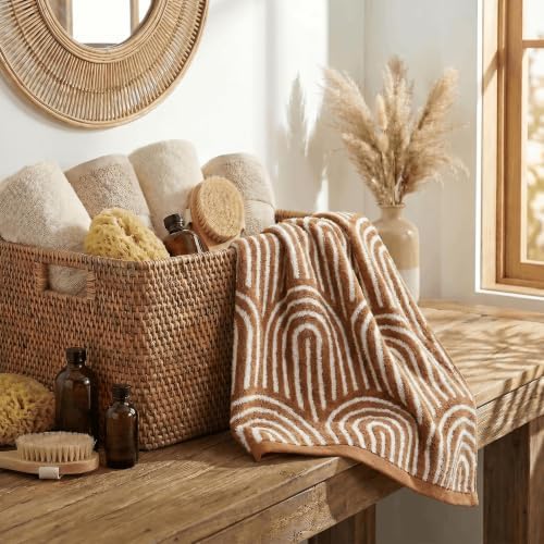 Artoid Mode 2 Pcs Beige Caramel Arched Stripes Jacquard Hand Towels
