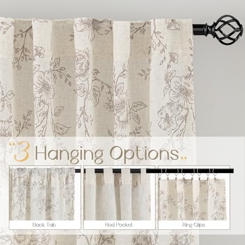 Coffee Floral Curtains 63 inch Length Back Tab Farmhouser Living Room