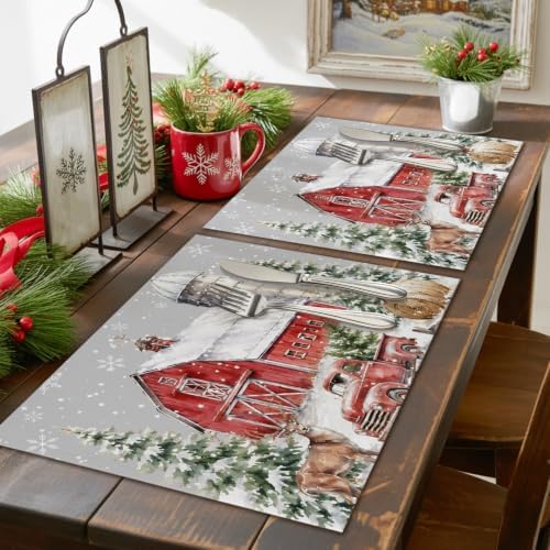 Gray Christmas Placemats Set of 8, Cotton Linen Fabric Place Mats