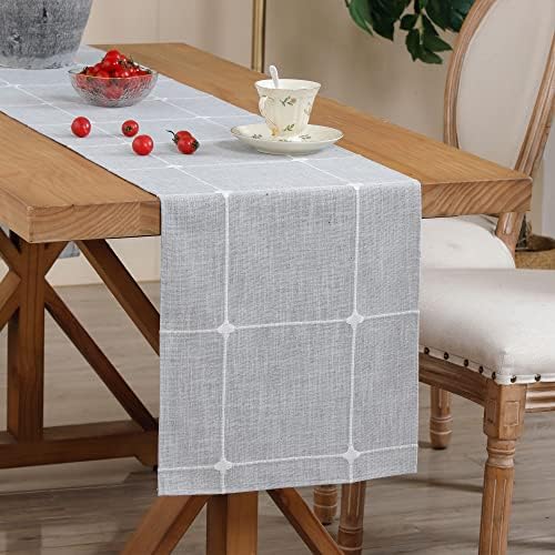 NEWISHER Rustic Embroidered Plaid Cloth Table Runner 72 inches, Grey