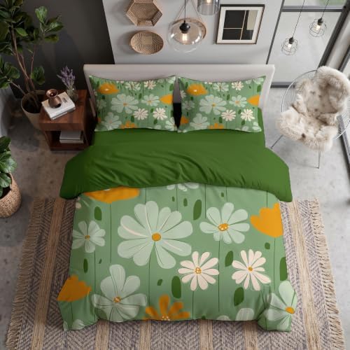 Sage Green Cute Country Floral Print Duvet Cover Set for Women Girls