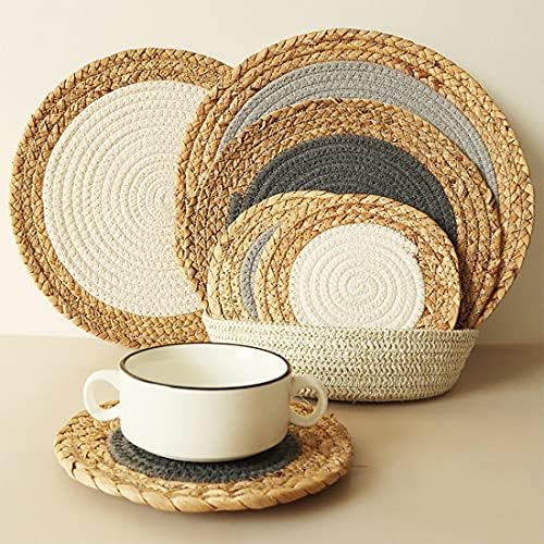 Fennco Styles Hand-Woven Rattan Cotton Rope Placemats 14-Inch Round