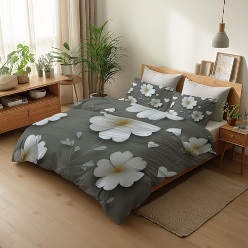 Duvet Cover Set Zipper Closure Gray Queen Quilt Cover Set 3D Floral