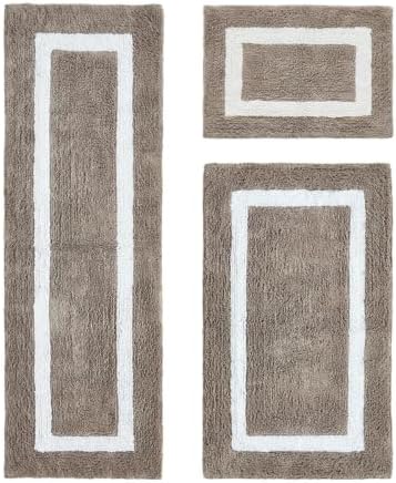 Cotton Tufted Beige White Bathroom Rugs Sets 3 Piece