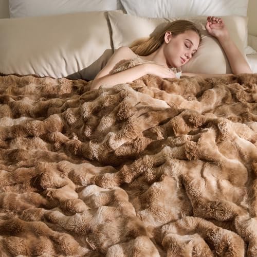 EMME Faux Rabbit Fur Bubble King Blanket, Tie Dye Brown 108" x 90"