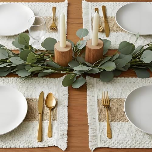Garvee Boho Crochet Tassel Placemats Set of 12, Linen-Cotton Macrame