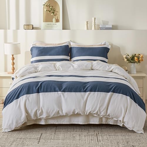 Simple&Opulence French Linen Duvet Cover Set with Stripe 104”x92”, 3