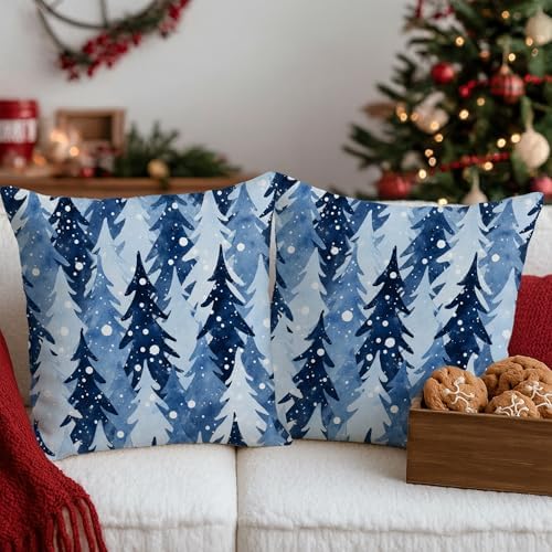 Pine Trees Throw Pillow Covers Set of 2, Winter Rustic Snowflakes Blue