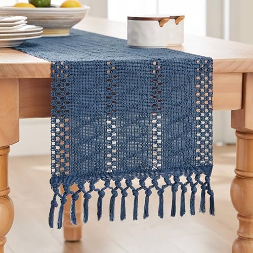 ZeeMart Macrame Style Boho Table Runner, 12x72 Inch Dusty Blue