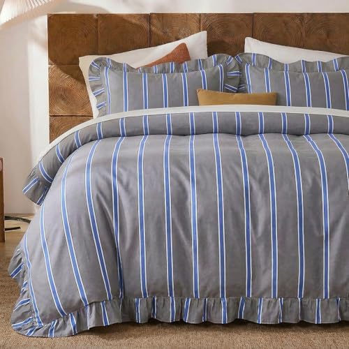 Merryword Blue and Gray Striped Duvet Cover Set King Size, 100% Cotton
