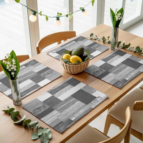Gray Wood Plank Placemats Set of 8, Cotton Linen Fabric Place Mats