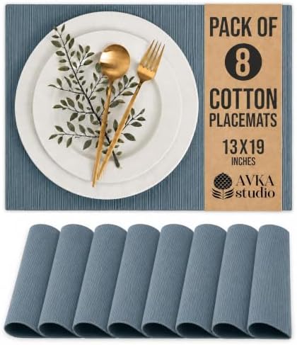 100% Cotton Ribbed Placemats - Set of 8-13 x 19 Inches - Grey