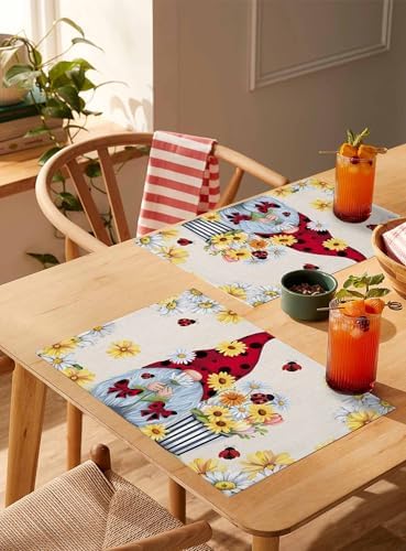 Placemats Set of 8, Beige Gnomes Daisy Woven Placemat, Linen Place