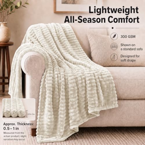 HIMEET Beige King Size Blanket for Bed, 300GSM Ribbed Fleece