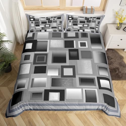 Castle Fairy Modern Duvet Cover Queen Size,Gray and White Square