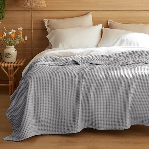 Bedsure Lightweight 100% Cotton Waffle Blanket, Queen, Grey