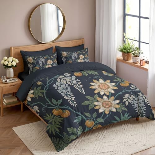 Retro Botanical Reversible Grey Duvet Cover Set King Size