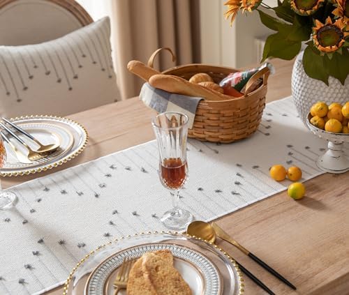 Caflife Grey Beige Cotton Linen Rustic Boho Table Runner 13 x 72 Inch