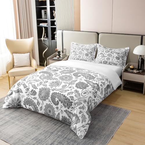 100% Cotton Gray Flowers Queen Duvet Cover Watercolor Retro Baroque