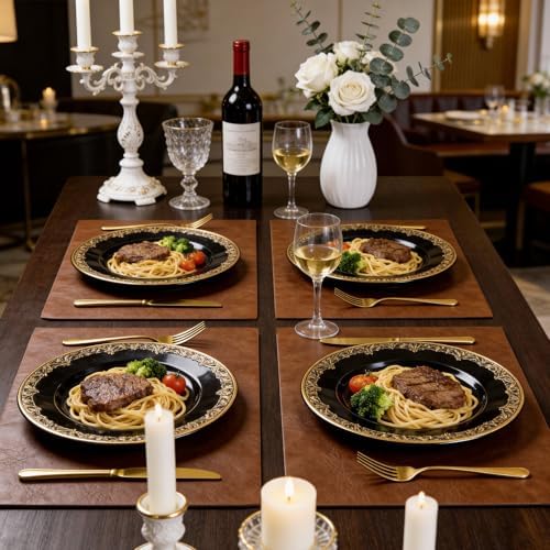 Faux Leather Placemats for Dining Table Set of 6, Edge-Sealed PU
