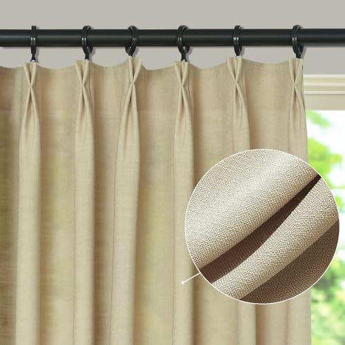 LETAU Long Linen Sand Beige Curtains 108 inches, Pinch Pleated Lined