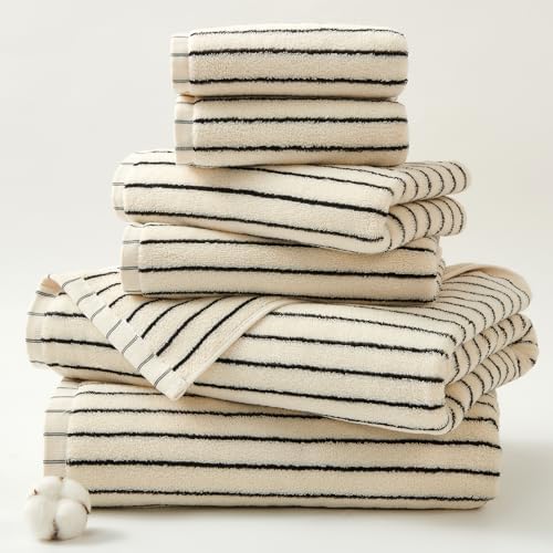 Black Striped Bath Towels Set Cotton for Bathroom Shower Decor 6 PCS