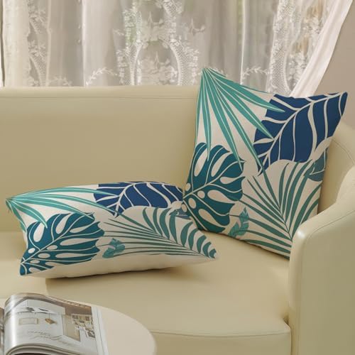 AGAYNA Tropical Pillow Covers 22x22 Navy Blue Aqua Teal Cyan Palm