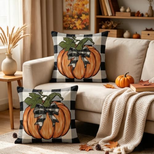 Fall Pillow Covers 22x22 Inch Set of 2, Burnt Orange Pumpkin Buffalo