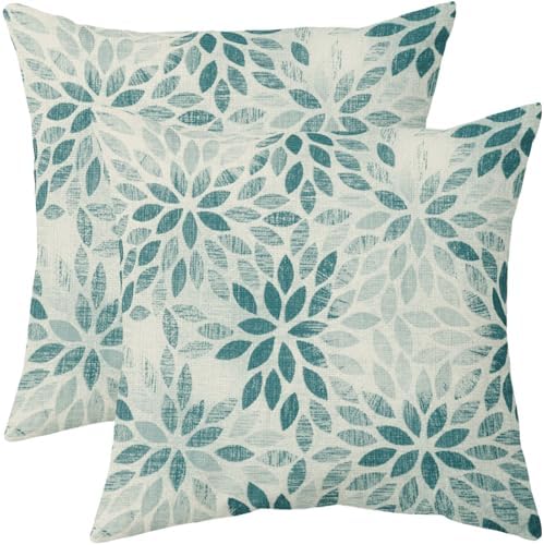Teal Flower Pillow Covers 20x20 Set of 2 Summer Dahlia Floral Modern