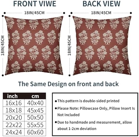 Rust Red Floral Pillow Covers 18x18 Set of 2 Block Print Cream Vintage