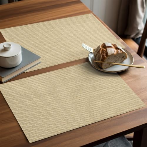 Woven Texture Placemats Set of 8, Beige Straw Weave Check Rustic
