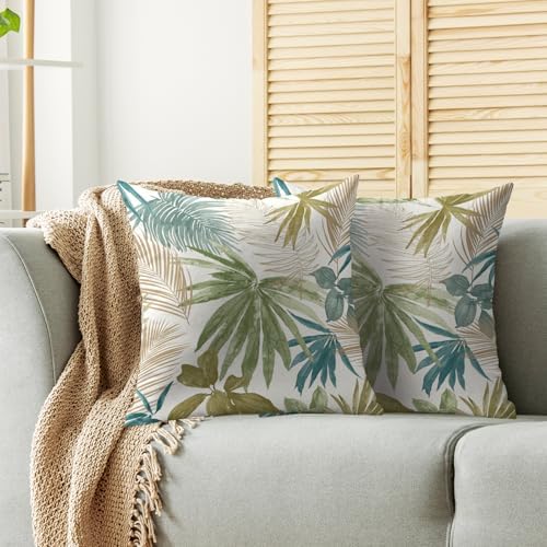 Tropical Pillow Covers 22X22 Set of 2, Green Blue Teal Brown Palm Leaf