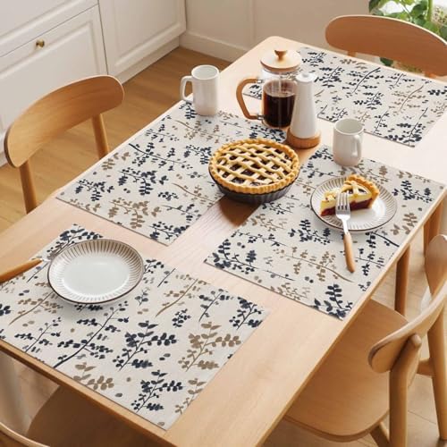 Placemats Set of 8, Grey Brown Botanical Woven Placemat, Linen Place