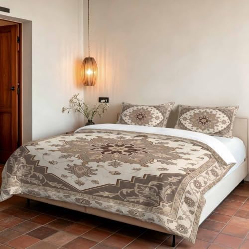 Beige Retro Boho Duvet Cover Set 3 Pieces with Zipper Closure, Vintage