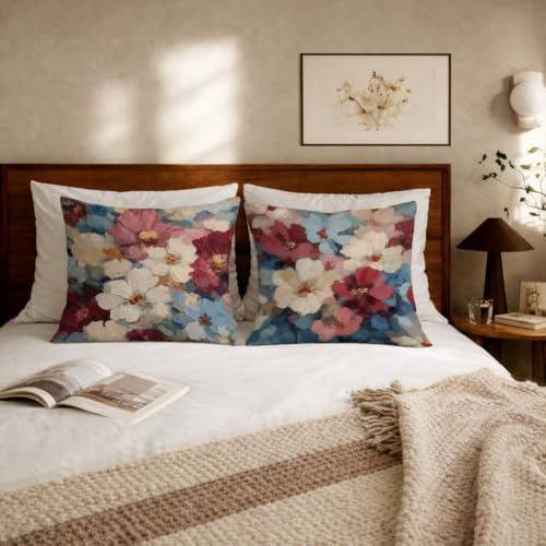 Abstract Floral Pillow Cover 18x18 Set of 2, Vintage Modern Burgundy