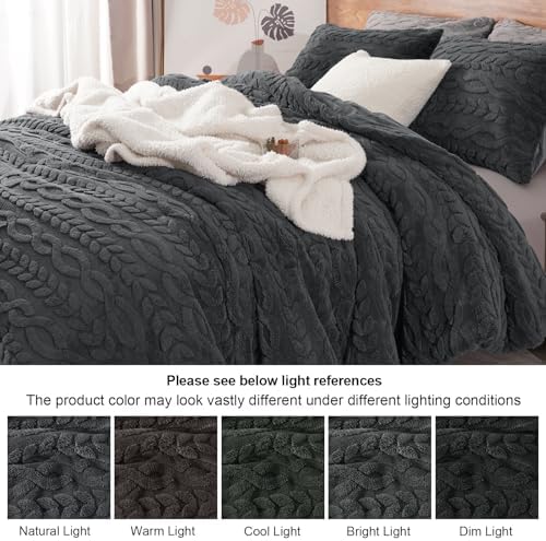 PHF Fluffy Sherpa Fleece Queen Comforter Set, 3 Pieces Warm Fuzzy Soft