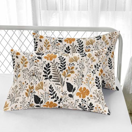 AILONEN Full Fitted Sheet Set, Mustard Black Wildflower Foliage Print