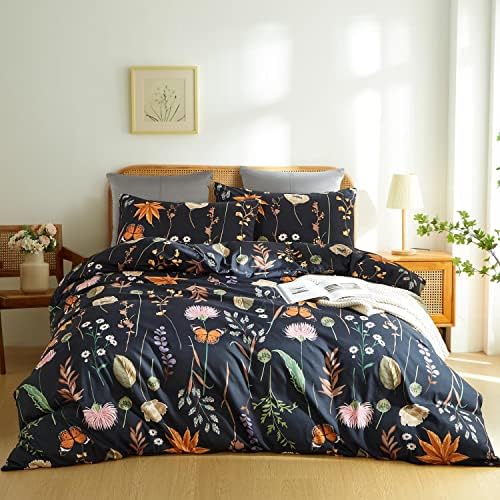 Floral Duvet Cover Set California King, 3 Pcs Soft Microfiber Black