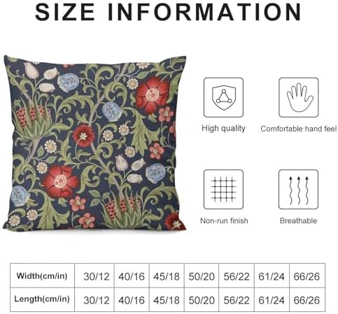 William Morris Flower Pillow Covers Set of 2,Red Flowers Green Leaves