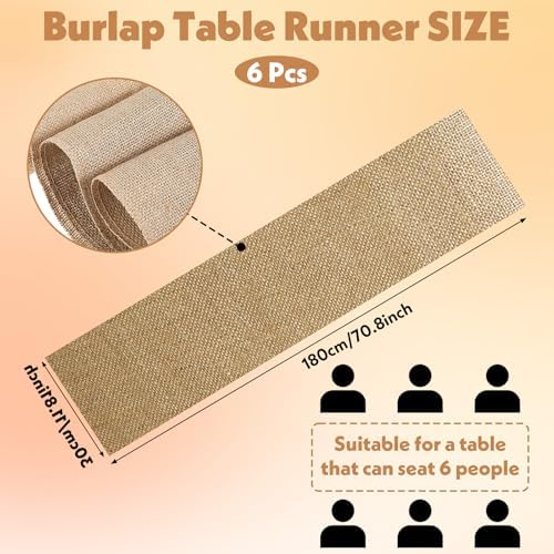 6 Pack Natural Burlap Table Runners,12 x 71 Inches Rustic Jute Table