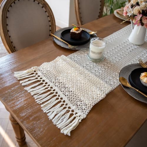 Table Runner Tassel Cotton Linen Pattern Bohemian Beige B 12*108 in