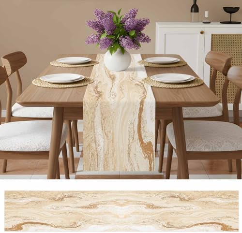 Beige Marble Burlap Cotton Table Runner 72 Inches Long, Chic Neutral
