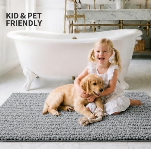 ILANGO Bathroom Rugs Light Grey 60x24, Soft Absorbent Chenille Bath
