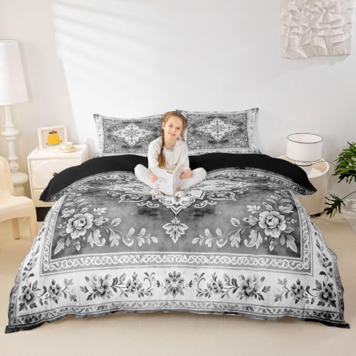 Manfei Grey Vintage Boho Duvet Cover Set Watercolor Plants Print